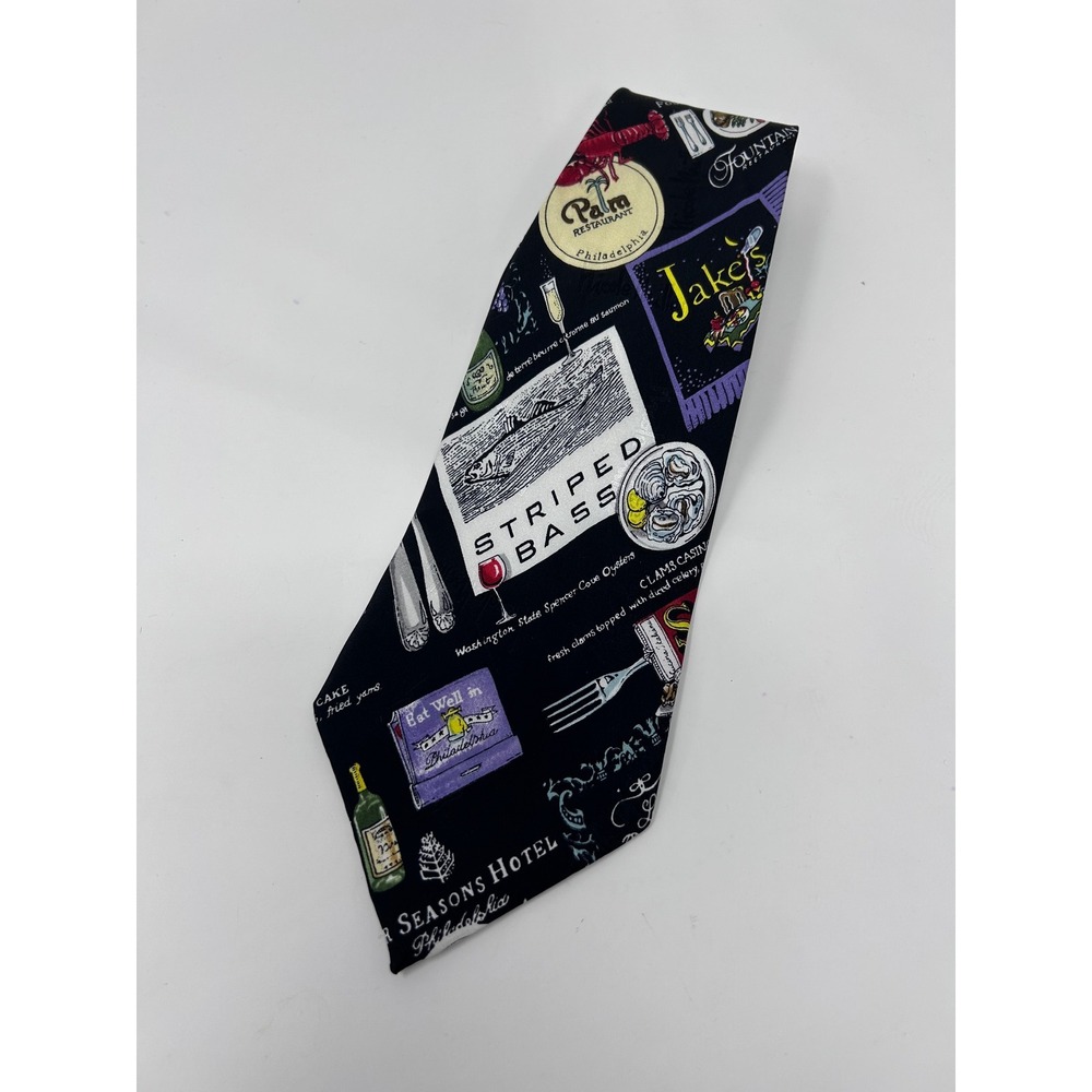 Nicole Miller Philadelphia Restaurant Foodie Silk Tie Black Lobster Oysters 1997